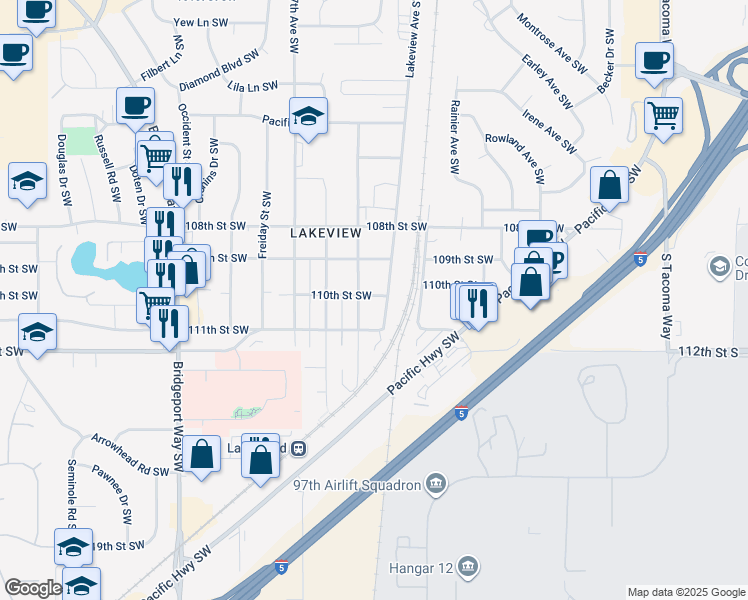 map of restaurants, bars, coffee shops, grocery stores, and more near 11010 Lakeview Avenue Southwest in Tacoma