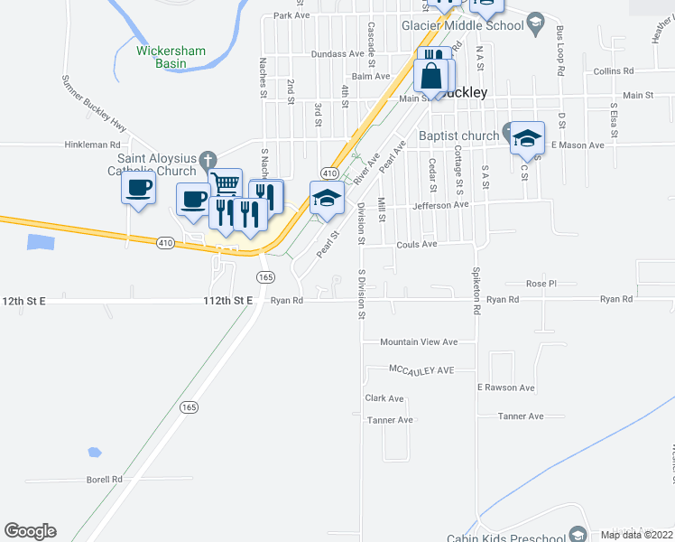 map of restaurants, bars, coffee shops, grocery stores, and more near 380 Ryan Road in Buckley