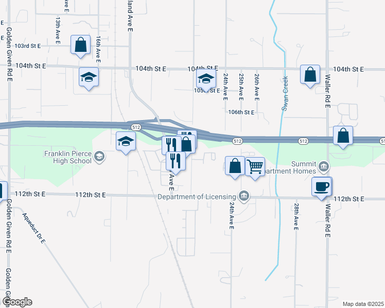 map of restaurants, bars, coffee shops, grocery stores, and more near 10919 22nd Avenue East in Tacoma