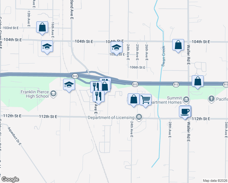map of restaurants, bars, coffee shops, grocery stores, and more near 10919 22nd Avenue East in Tacoma