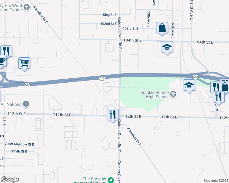 map of restaurants, bars, coffee shops, grocery stores, and more near 1003 108th Street Court East in Tacoma