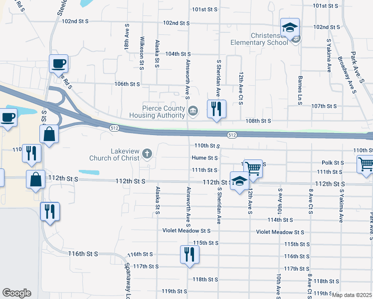 map of restaurants, bars, coffee shops, grocery stores, and more near 11052 Ainsworth Avenue South in Tacoma
