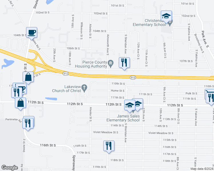 map of restaurants, bars, coffee shops, grocery stores, and more near 11002 Ainsworth Avenue South in Parkland