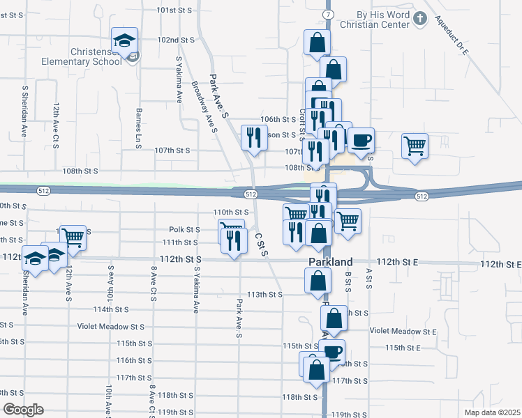 map of restaurants, bars, coffee shops, grocery stores, and more near 603 Polk Street South in Parkland