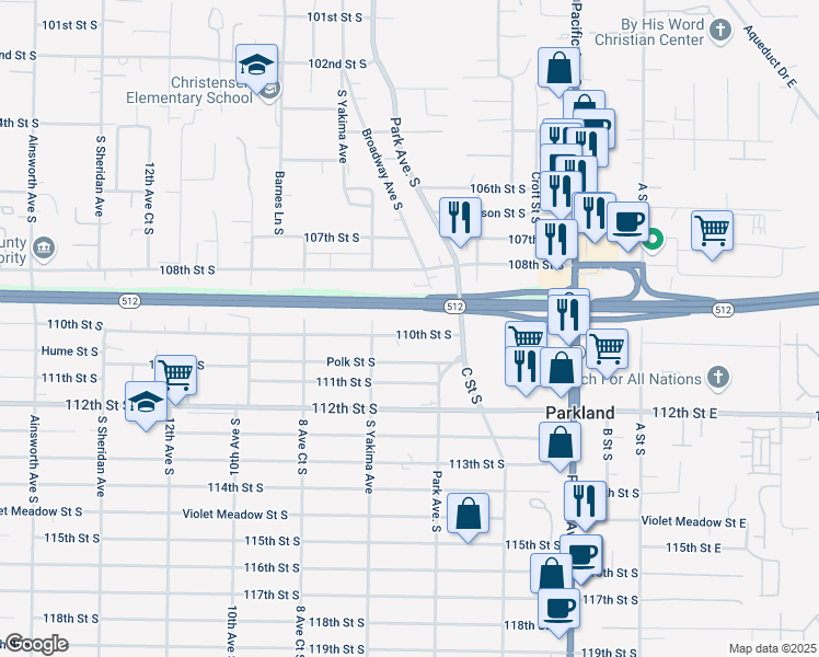 map of restaurants, bars, coffee shops, grocery stores, and more near 623 Polk Street South in Tacoma