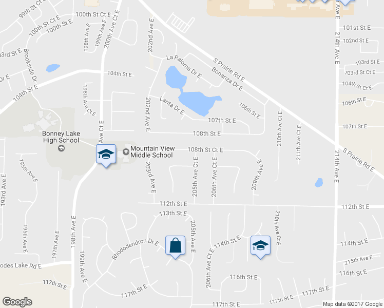 map of restaurants, bars, coffee shops, grocery stores, and more near 20506 108th Street Court East in Bonney Lake