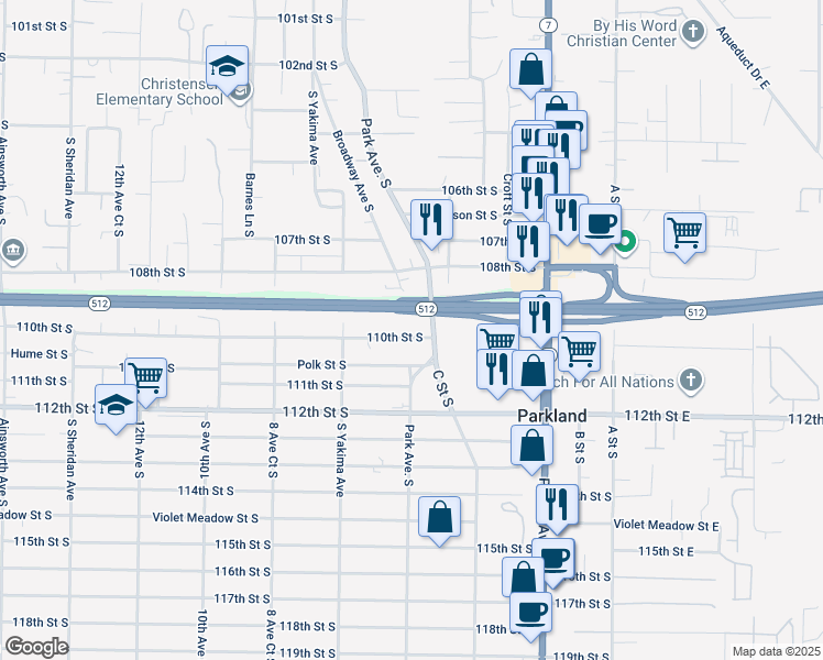 map of restaurants, bars, coffee shops, grocery stores, and more near 603 Polk Street South in Parkland