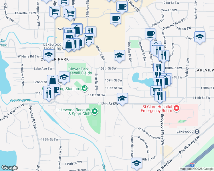 map of restaurants, bars, coffee shops, grocery stores, and more near 5715 111th Street Southwest in Lakewood