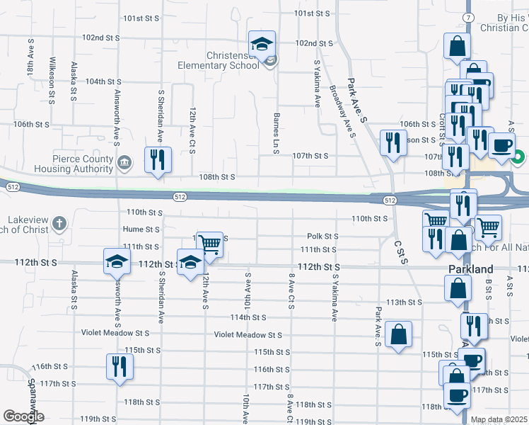 map of restaurants, bars, coffee shops, grocery stores, and more near 909 Polk Street South in Tacoma