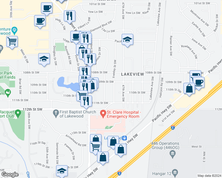 map of restaurants, bars, coffee shops, grocery stores, and more near 10914 Addison Street Southwest in Lakewood
