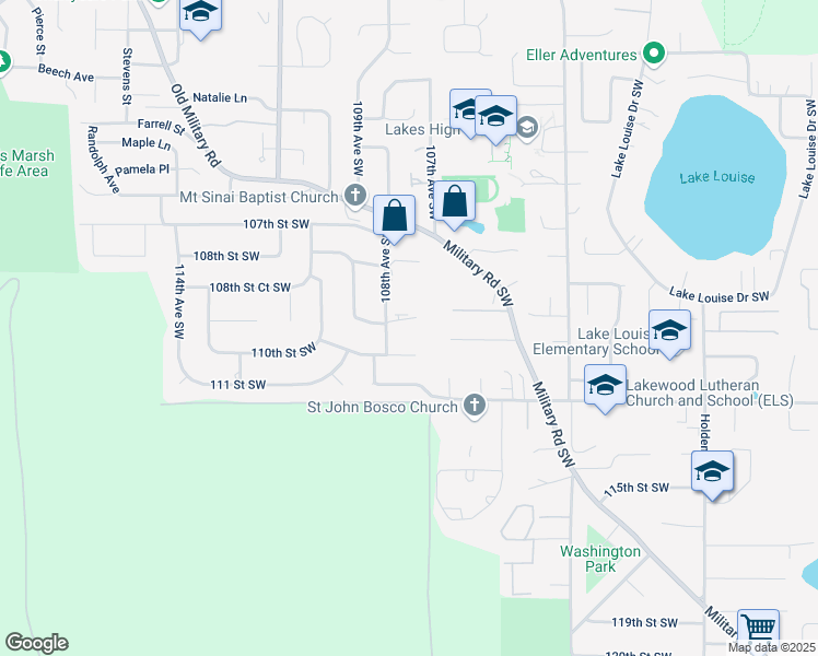 map of restaurants, bars, coffee shops, grocery stores, and more near 10701 109th Street Southwest in Tacoma