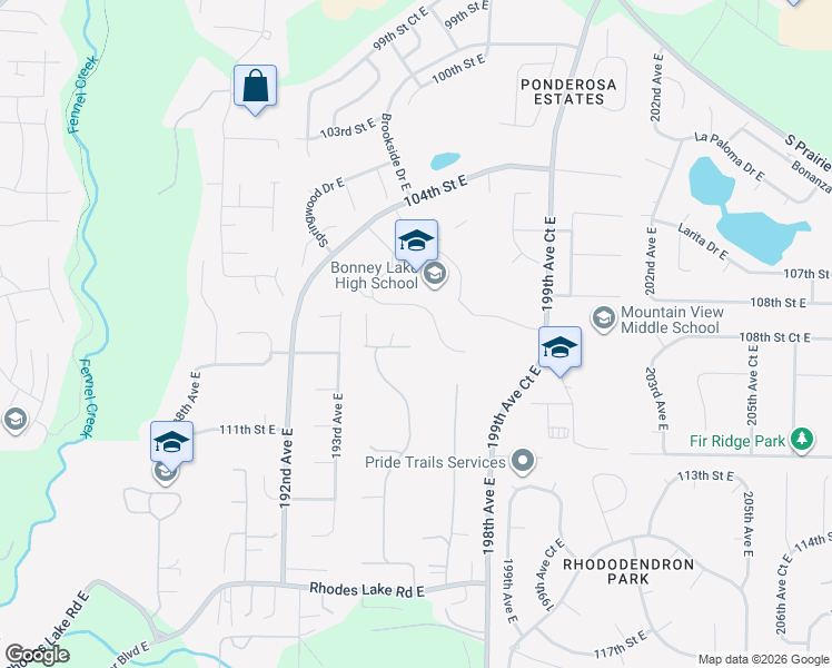 map of restaurants, bars, coffee shops, grocery stores, and more near 19515 109th Street East in Sumner