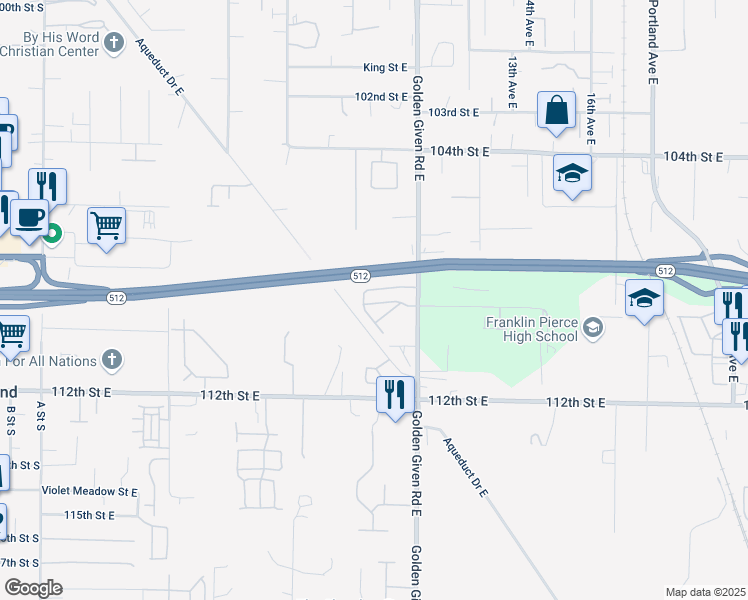 map of restaurants, bars, coffee shops, grocery stores, and more near 1007 109th Street Court East in Tacoma