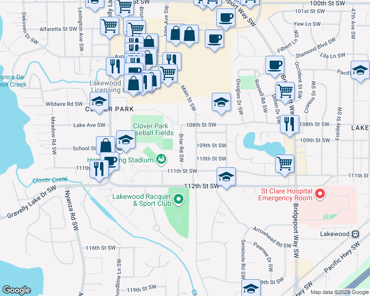 map of restaurants, bars, coffee shops, grocery stores, and more near 10813 Briar Road Southwest in Lakewood