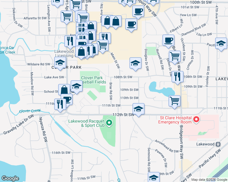 map of restaurants, bars, coffee shops, grocery stores, and more near 10813 Briar Road Southwest in Lakewood