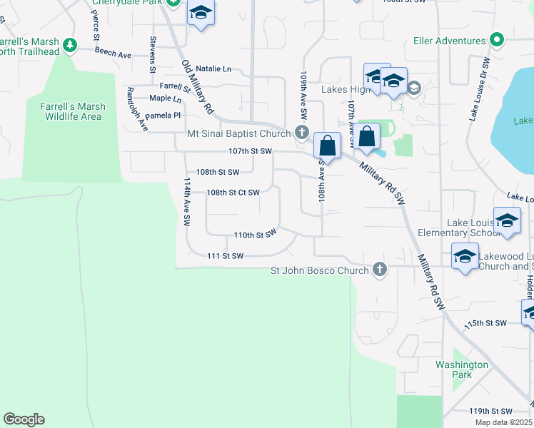 map of restaurants, bars, coffee shops, grocery stores, and more near 10859 111th Avenue Southwest in Tacoma
