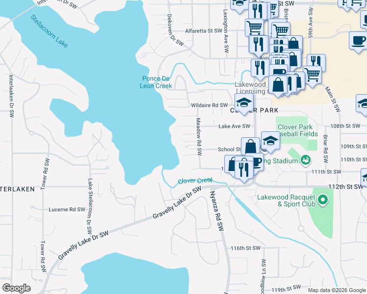 map of restaurants, bars, coffee shops, grocery stores, and more near 10808 Meadow Road Southwest in Tacoma