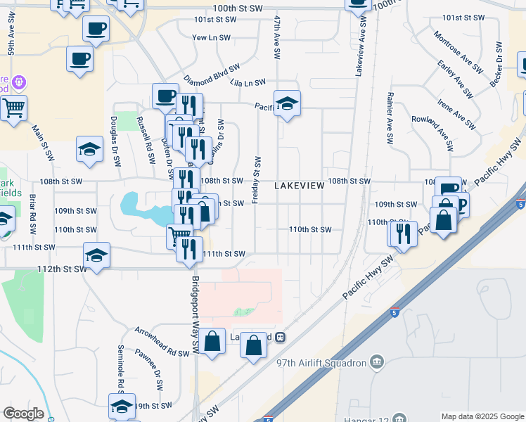 map of restaurants, bars, coffee shops, grocery stores, and more near 4715 109th Street Southwest in Lakewood