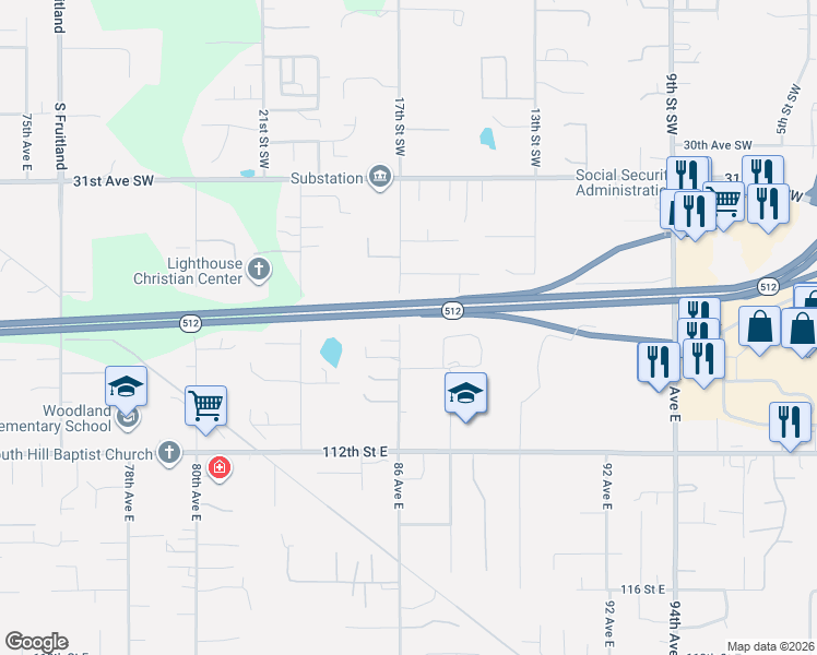 map of restaurants, bars, coffee shops, grocery stores, and more near 3523 17th Street Southwest in Puyallup