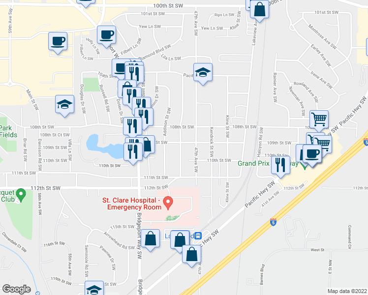 map of restaurants, bars, coffee shops, grocery stores, and more near 4719 109th Street Southwest in Tacoma