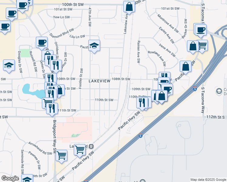 map of restaurants, bars, coffee shops, grocery stores, and more near 4418 109th Street Southwest in Lakewood