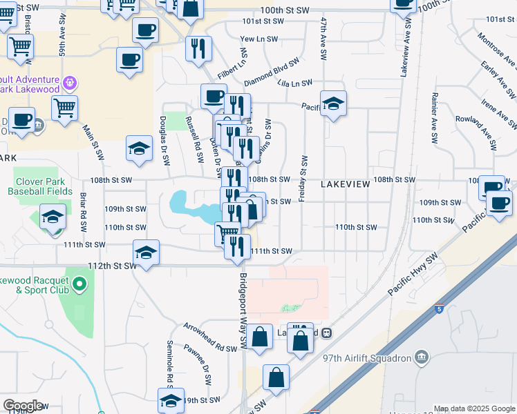 map of restaurants, bars, coffee shops, grocery stores, and more near 10901 Occident Street Southwest in Lakewood