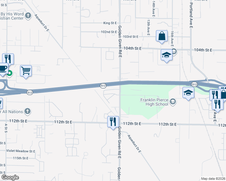 map of restaurants, bars, coffee shops, grocery stores, and more near 1010 108th Street Court East in Tacoma