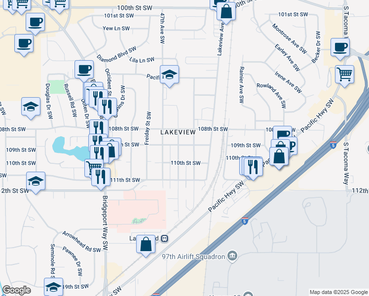 map of restaurants, bars, coffee shops, grocery stores, and more near 4512 109th Street Southwest in Tacoma