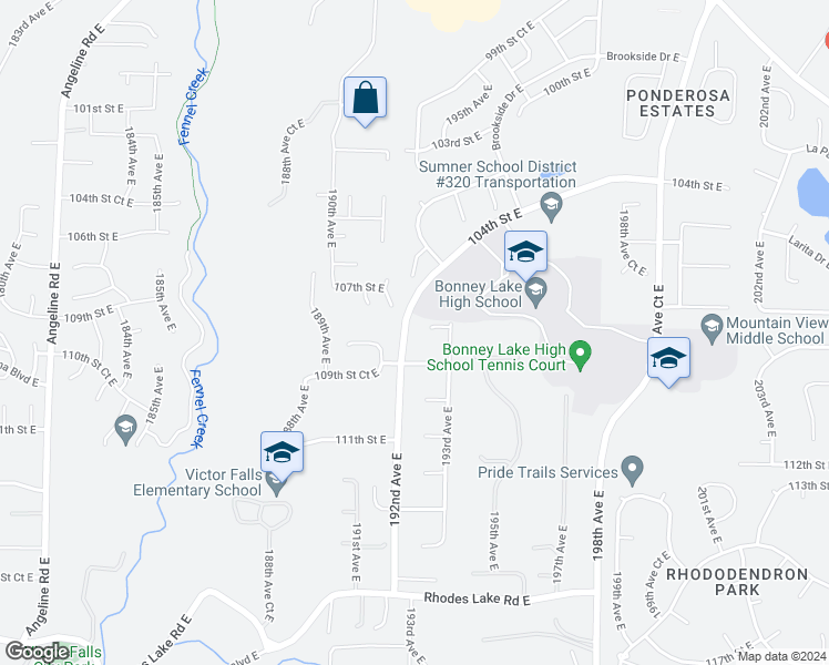map of restaurants, bars, coffee shops, grocery stores, and more near 19203 108th Street East in Bonney Lake