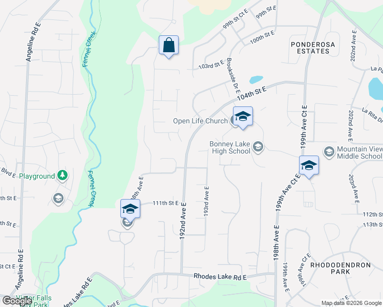 map of restaurants, bars, coffee shops, grocery stores, and more near 19203 108th Street East in Bonney Lake
