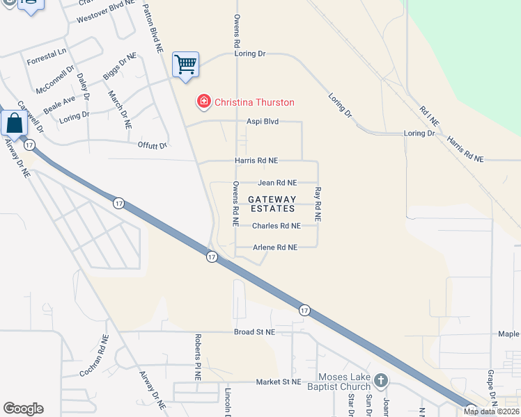 map of restaurants, bars, coffee shops, grocery stores, and more near 8577 Vince Road Northeast in Moses Lake