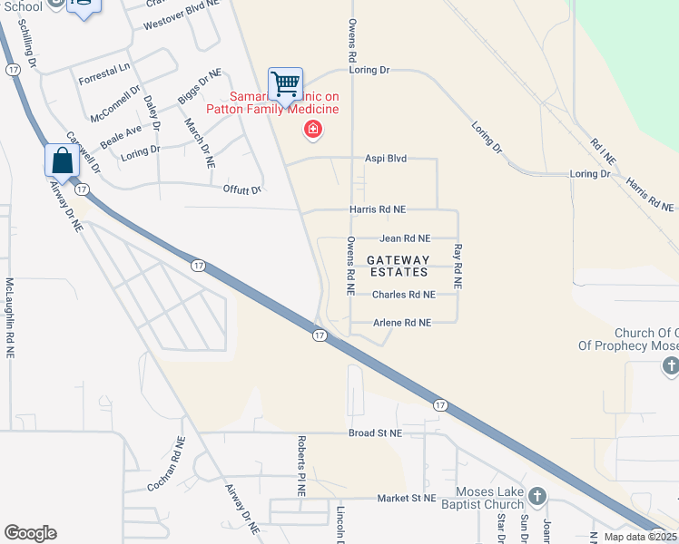 map of restaurants, bars, coffee shops, grocery stores, and more near 4848 Owens Road in Moses Lake