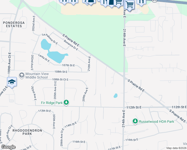 map of restaurants, bars, coffee shops, grocery stores, and more near 10724 210th Avenue Court East in Sumner
