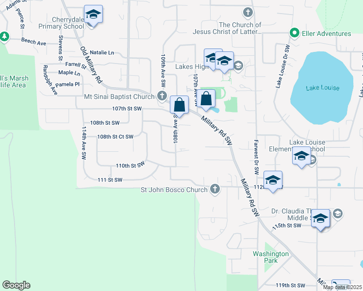 map of restaurants, bars, coffee shops, grocery stores, and more near 10701 109th Street Southwest in Tacoma