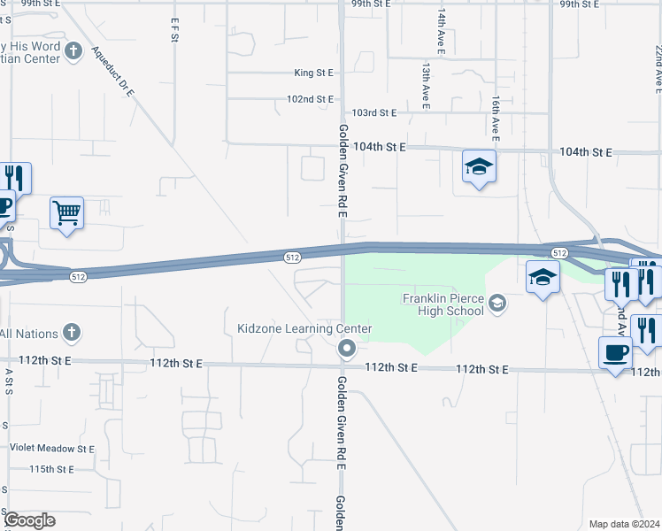map of restaurants, bars, coffee shops, grocery stores, and more near 1004 108th Street Court East in Tacoma