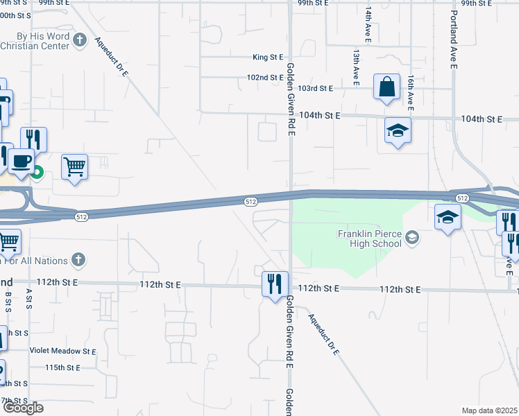 map of restaurants, bars, coffee shops, grocery stores, and more near 1003 108th Street Court East in Tacoma