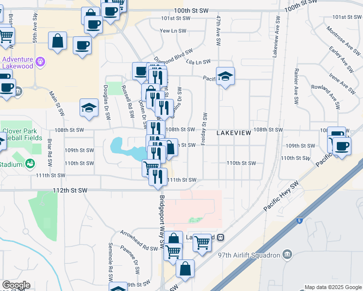 map of restaurants, bars, coffee shops, grocery stores, and more near 10901 Occident Street Southwest in Lakewood