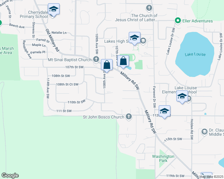 map of restaurants, bars, coffee shops, grocery stores, and more near 10701 109th Street Southwest in Tacoma