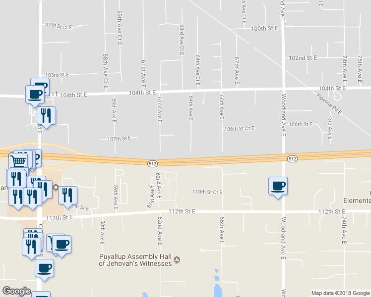 map of restaurants, bars, coffee shops, grocery stores, and more near 10718 64th Avenue East in Puyallup