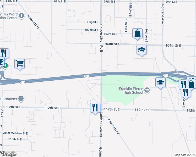 map of restaurants, bars, coffee shops, grocery stores, and more near 1004 108th Street Court East in Tacoma