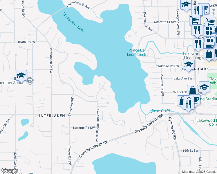map of restaurants, bars, coffee shops, grocery stores, and more near 10915 Greendale Drive Southwest in Tacoma