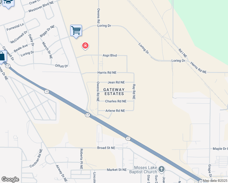 map of restaurants, bars, coffee shops, grocery stores, and more near in Moses Lake