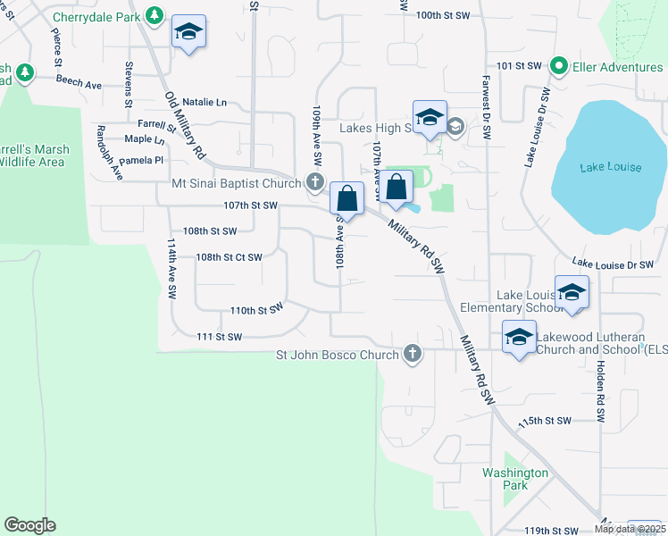 map of restaurants, bars, coffee shops, grocery stores, and more near 10820 108th Avenue Southwest in Lakewood