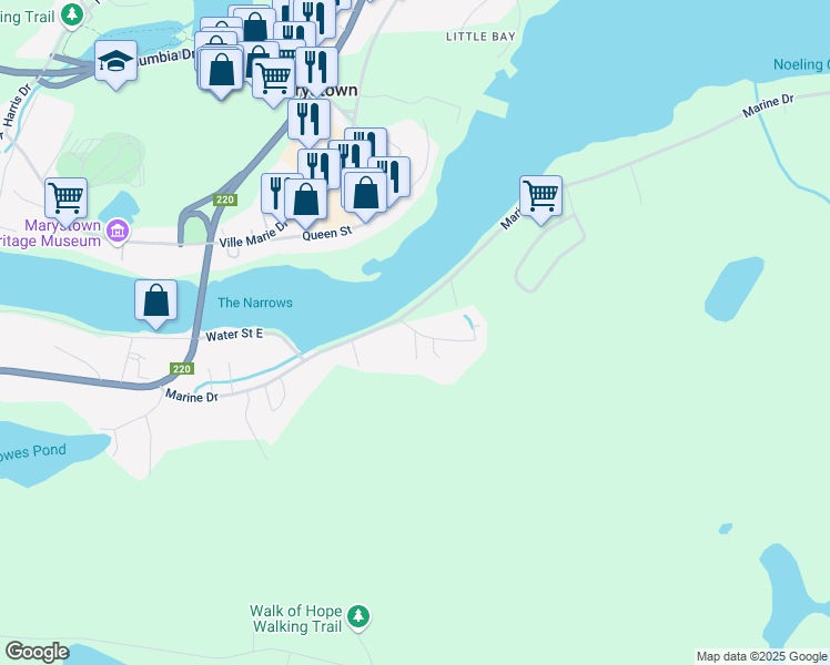 map of restaurants, bars, coffee shops, grocery stores, and more near 1 Kellys Road in Marystown