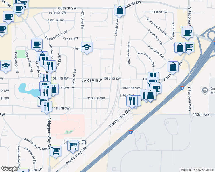 map of restaurants, bars, coffee shops, grocery stores, and more near 4418 109th Street Southwest in Lakewood