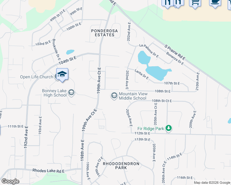 map of restaurants, bars, coffee shops, grocery stores, and more near 20108 107th Street Court East in Sumner
