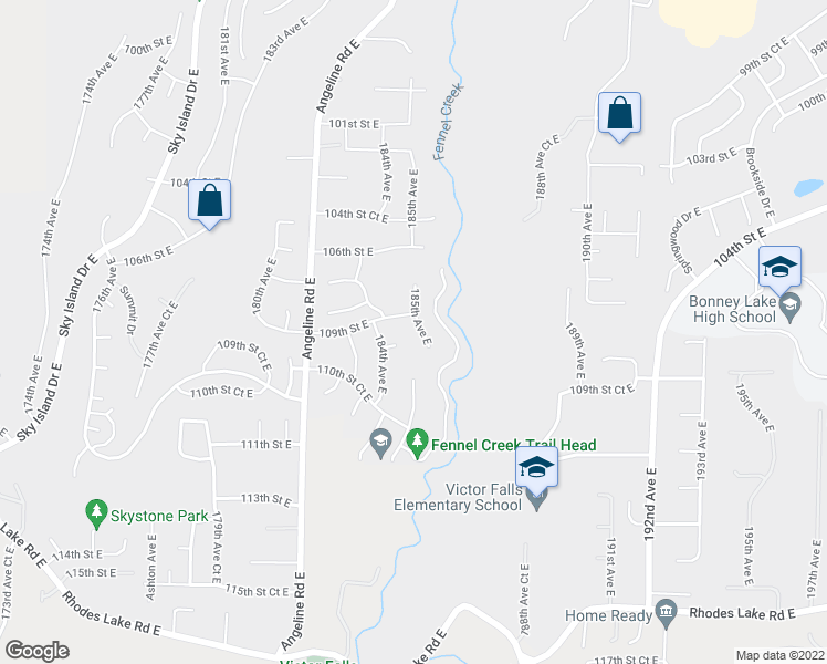map of restaurants, bars, coffee shops, grocery stores, and more near 10907 185th Avenue East in Bonney Lake