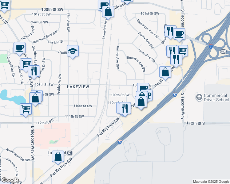 map of restaurants, bars, coffee shops, grocery stores, and more near 4205 109th Street Southwest in Tacoma