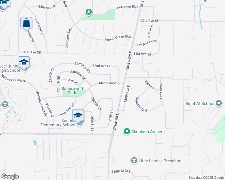 map of restaurants, bars, coffee shops, grocery stores, and more near 3405 27th Place Southeast in Puyallup