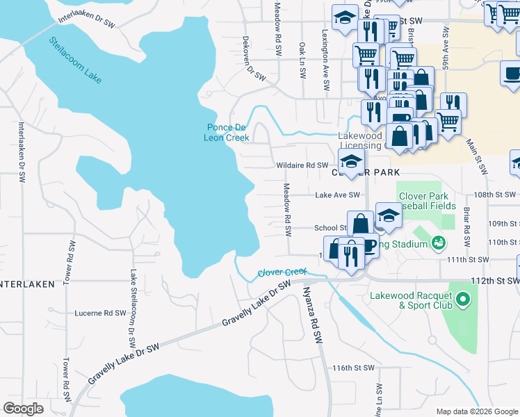 map of restaurants, bars, coffee shops, grocery stores, and more near 10808 Meadow Road Southwest in Tacoma